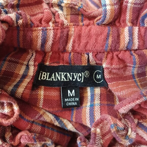 Blank NYC Top Red Plaid Flannel Ruffle Long Sleeves Boho Popover Womens Med - Picture 4 of 14